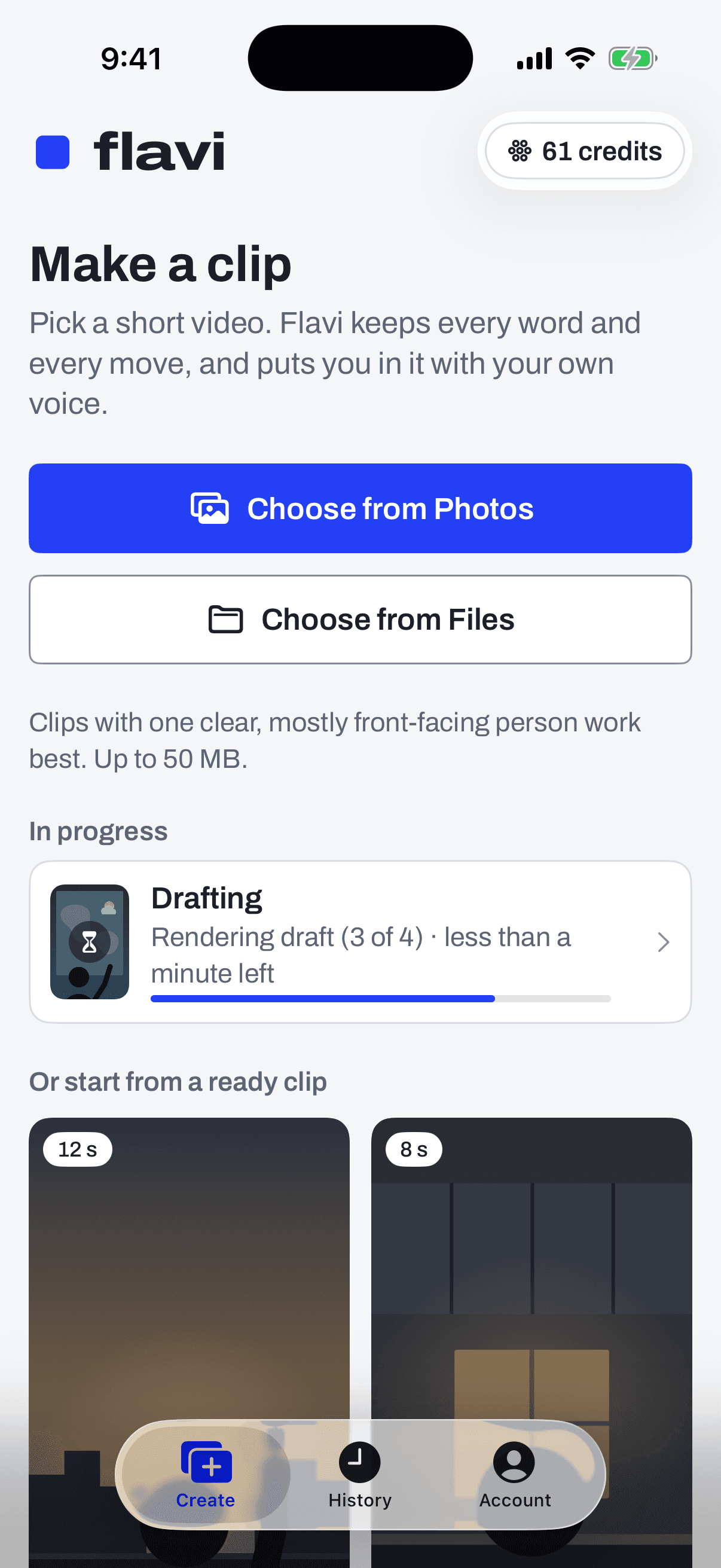 Make a clip: choose from Photos or Files, with a draft rendering below